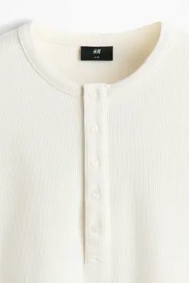 Chemise côtelée à col tunisien Slim Fit - Crème — photo 5
