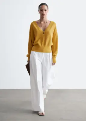 Pull en coton à col en V - Moutarde — photo 2