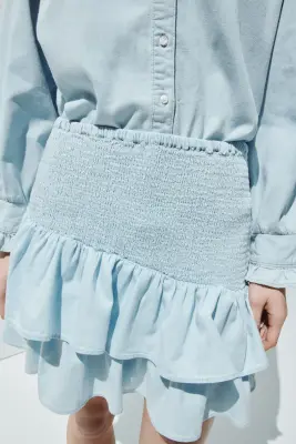 Jupe smockée en denim - Bleu clair — photo 1
