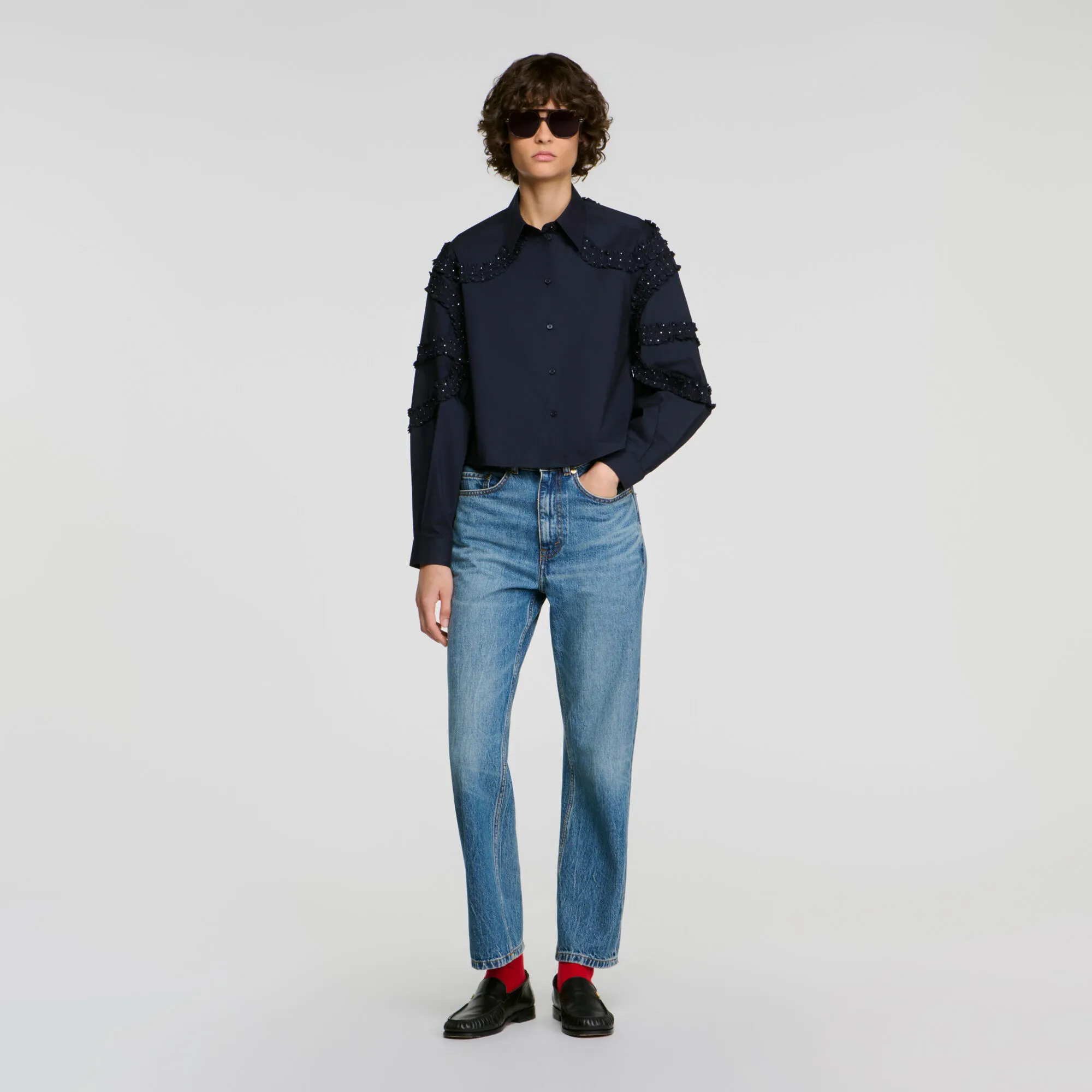 Chemise en coton froncée strassée