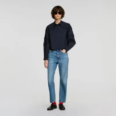 Chemise en coton froncée strassée