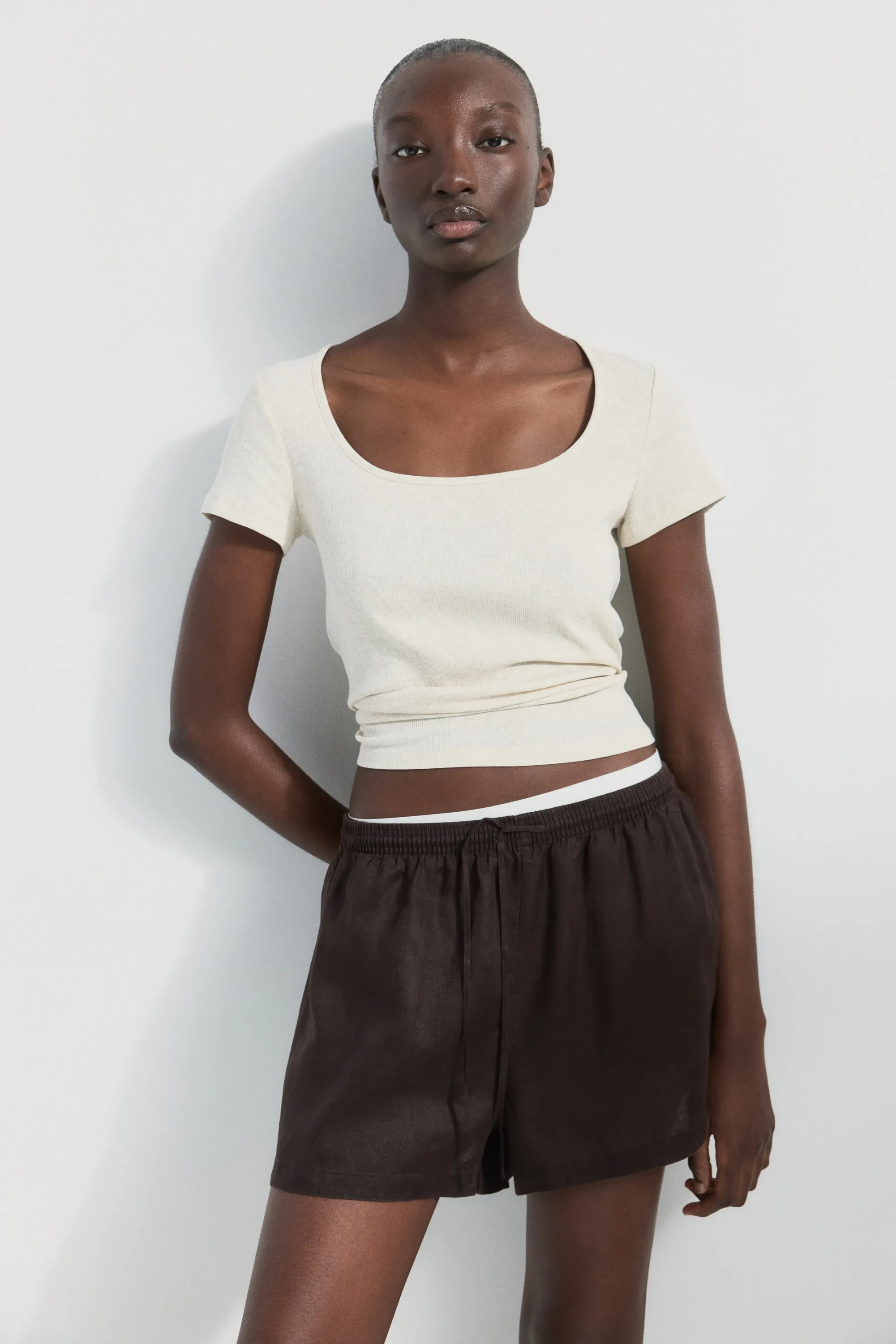 T-shirt en coton côtelé - Beige clair chiné