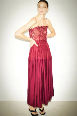 Robe bi-matière à bretelles fines - Rouge foncé — photo 1