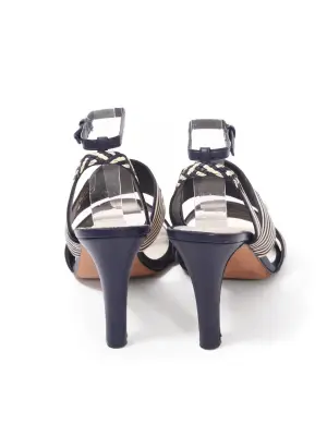 Sandales à talon en cuir bleu marine à rayures blanc crème Croisière 2020/2021 Prix boutique 950€ Taille 38 — photo 4