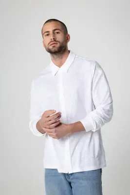 Chemise Blanche Manches Longues en Lin / Elasthanne — photo 3
