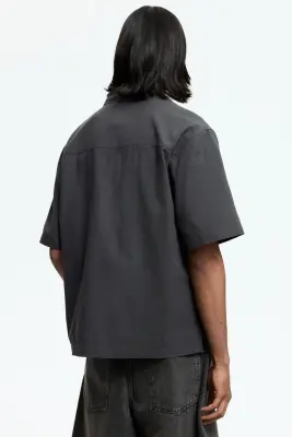 Chemise Relaxed Fit en lin mélangé avec col cubain - Gris foncé — photo 3