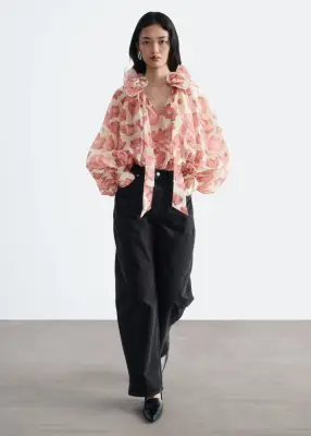 Blouse ample à encolure volantée - Rose / Motifs fleuris — photo 1