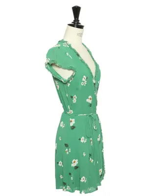 Robe manches courtes cache coeur en crêpe vert fleuri blanc Taille M — photo 4