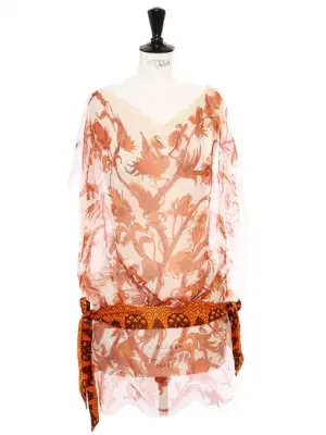 Robe en voile de soie et ceinture foulard imprimée d'oiseaux Phoenix orange et blanc Prix boutique 1700€ — photo 1