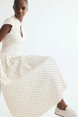 Robe en coton avec jupe évasée - Crème/pois — photo 3