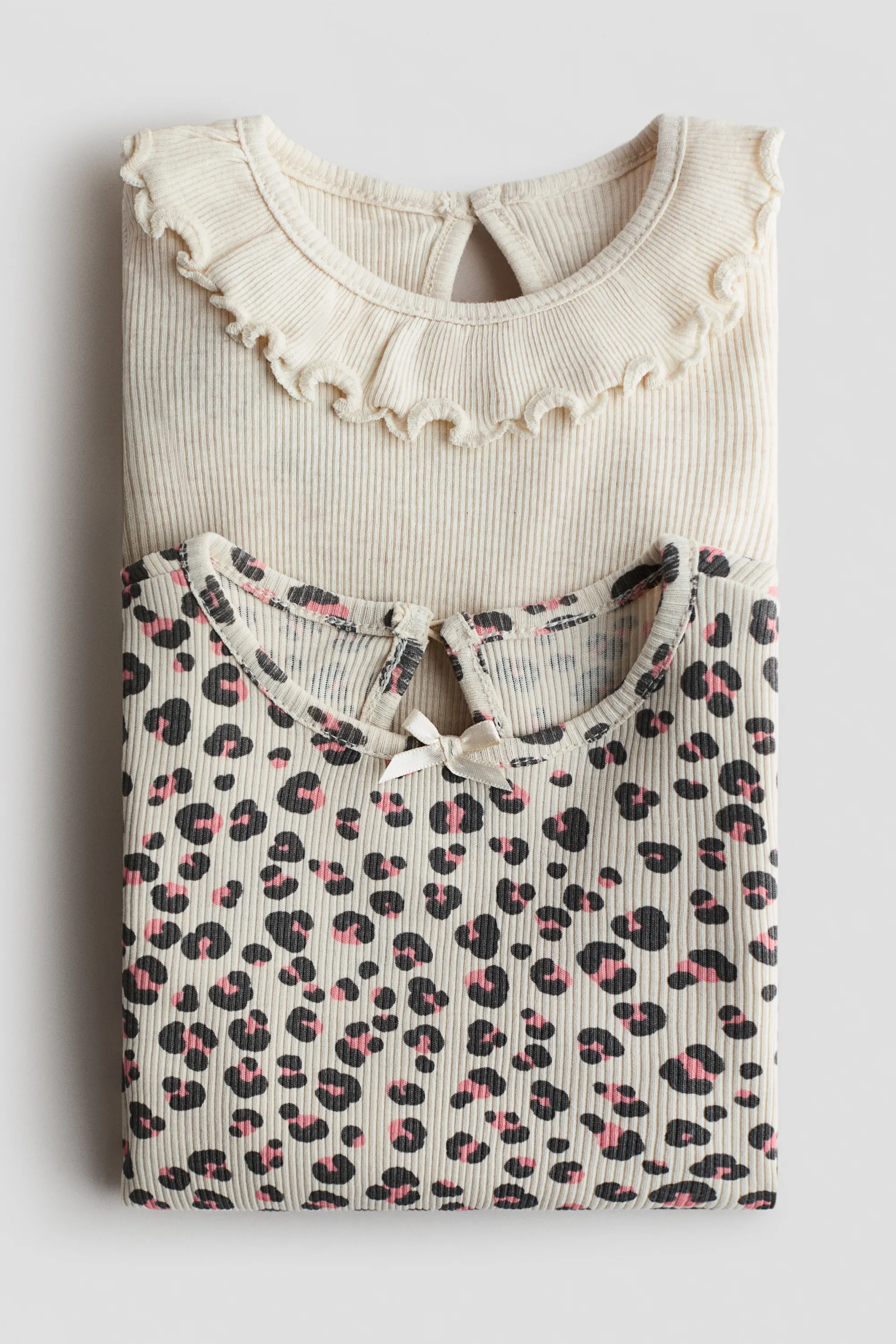 Lot de 2 tops en coton - Beige clair/imprimé léopard