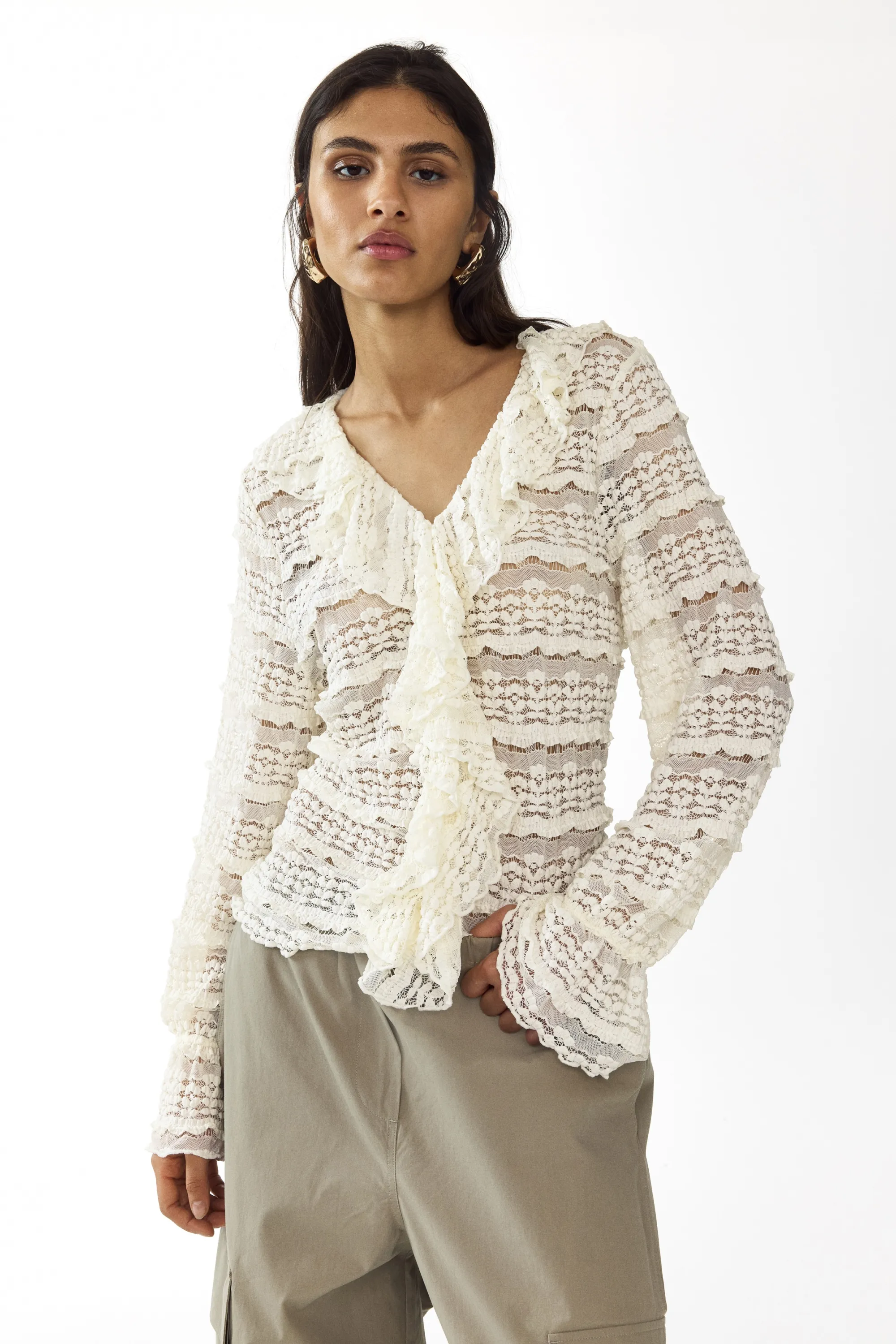 Blouse en jersey façon dentelle - Crème