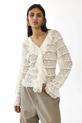 Blouse en jersey façon dentelle - Crème — photo 1