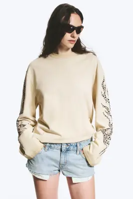 T-shirt à manches longues graphique oversize - Beige Poudré - Clouté — photo 2