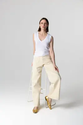 Débardeur Blanc Col V Sans Manches en Viscose / Elasthanne