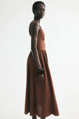 Robe ruchée en lin mélangé - Marron — photo 4