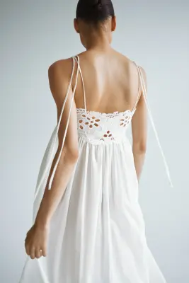 Robe avec détails brodés et bretelles à nouer - Crème — photo 4