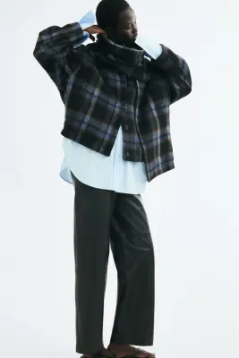 Veste brossée avec écharpe - Bleu marine/carreaux — photo 4