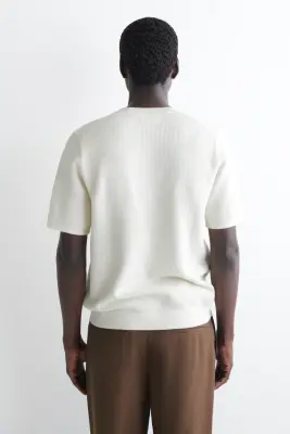 T-SHIRT EN MAILLE DE COTON GAUFRÉE - ÉCRU — photo 4