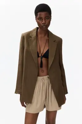 Blazer en tissu texturé avec ceinture à nouer - Vert kaki foncé — photo 1