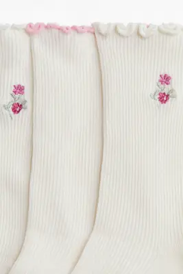 Lot de 3 paires de chaussettes avec détail surjeté - Crème/fleurs — photo 2