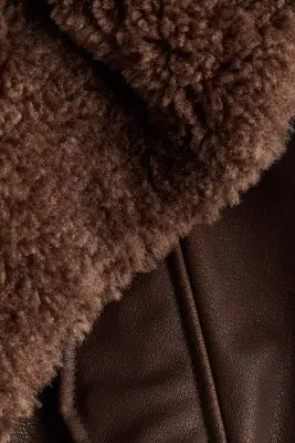 Veste de style motard avec col en tissu Teddy bear - Marron foncé — photo 5