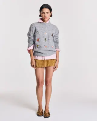 Pull Prune gris chiné et broderies ivy — photo 2
