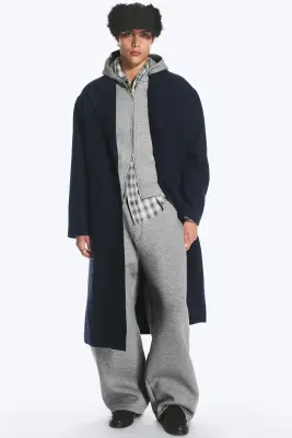 Manteau oversize en laine mélangée à boutonnage simple - Bleu foncé chiné — photo 2
