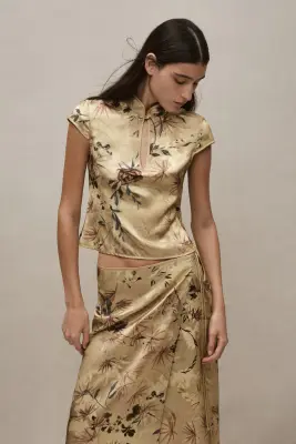 Jupe portefeuille en tissu jacquard - Jaune ancien clair/fleuri — photo 2