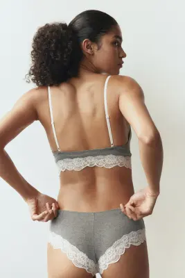 Bralette en coton avec dentelle - Gris chiné/crème — photo 3