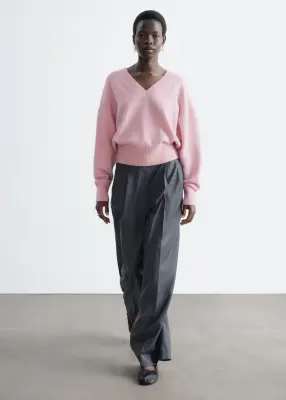 Pull à col en V côtelé en laine et en coton - Rose — photo 1