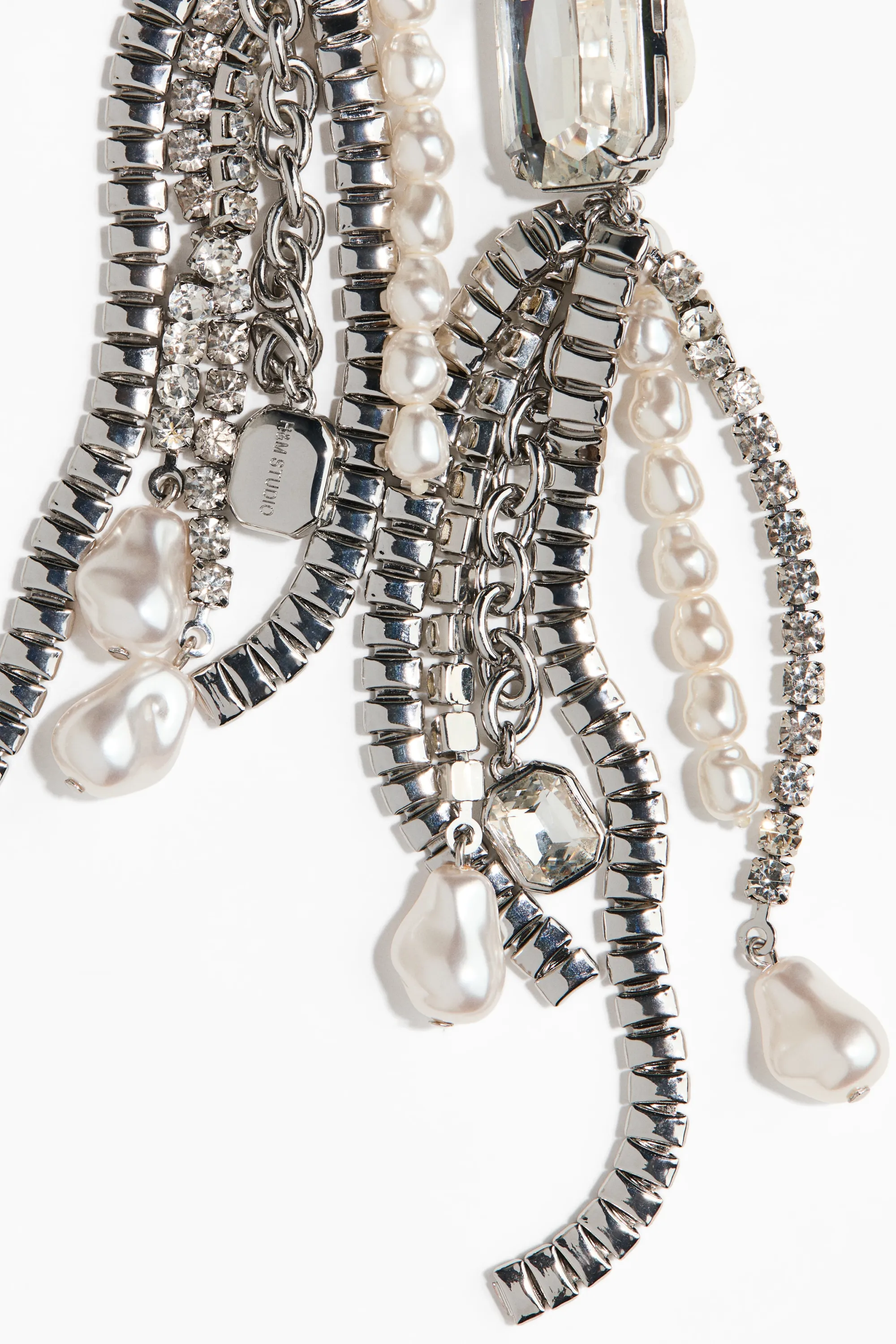 Longues boucles d'oreilles à clipser avec strass - Argenté/crème