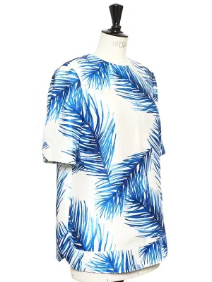 Blouse manches courtes en gazar de soie imprimé palmiers bleu et blanc Prix boutique 320€ Taille 36 — photo 5
