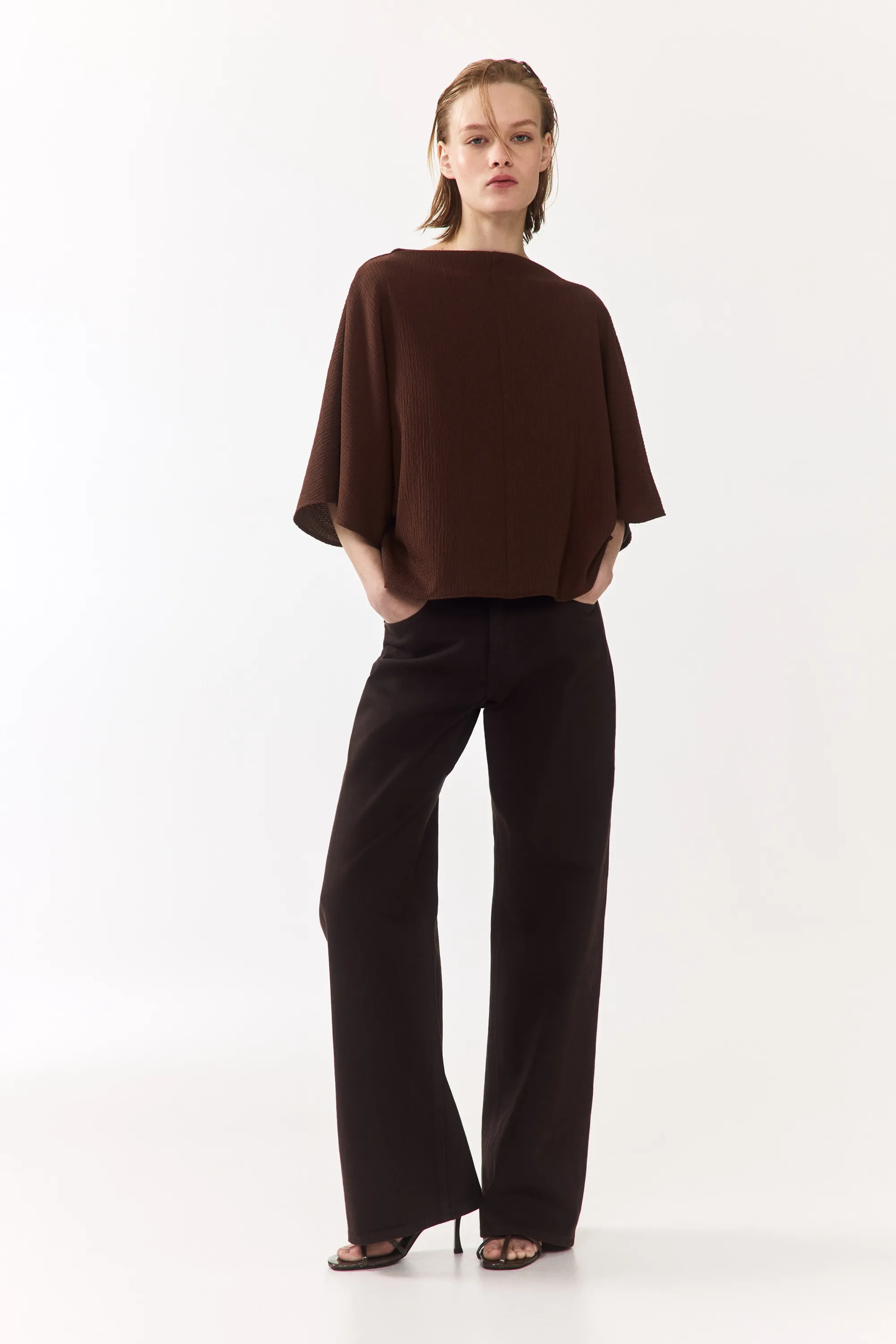 Top froissé avec encolure bateau - Marron foncé
