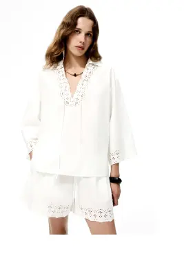 Chemise popover en coton avec broderie anglaise - Blanc — photo 1