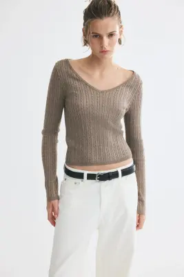 Pull en maille torsadée de viscose mélangée - Taupe — photo 1