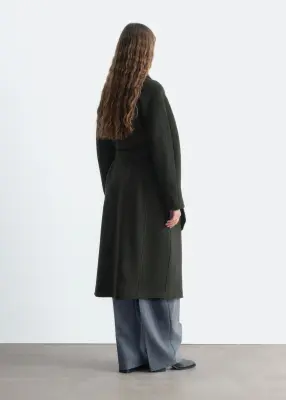 Manteau volumineux en laine avec ceinture - Vert foncé — photo 5