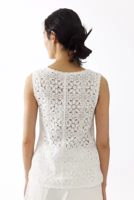 Top à nouer en maille pointelle - Crème — photo 3