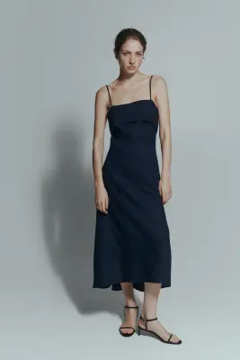 Robe à bretelles fines en lin mélangé - Bleu foncé — photo 1