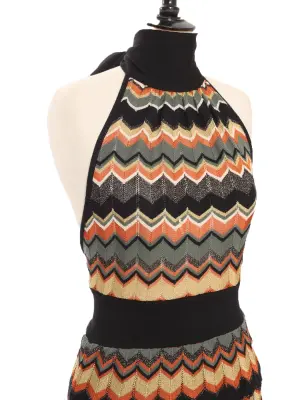 Robe halterneck en maille motifs chevrons orange blanc beige doré vert Prix boutique €1400 Taille 36/38 — photo 3