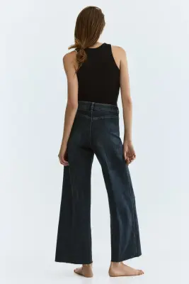 Wide High Waist Ankle Jeans - Bleu denim foncé — photo 4