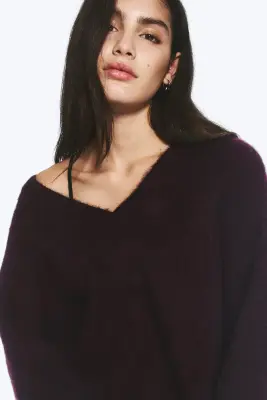 Pull col en V mélangé mohair - Lilas foncé — photo 2