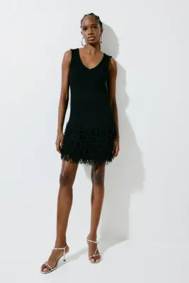 Robe en maille avec franges - Noir — photo 1