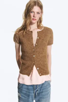Cardigan en maille à manches courtes - Marron poudré — photo 1