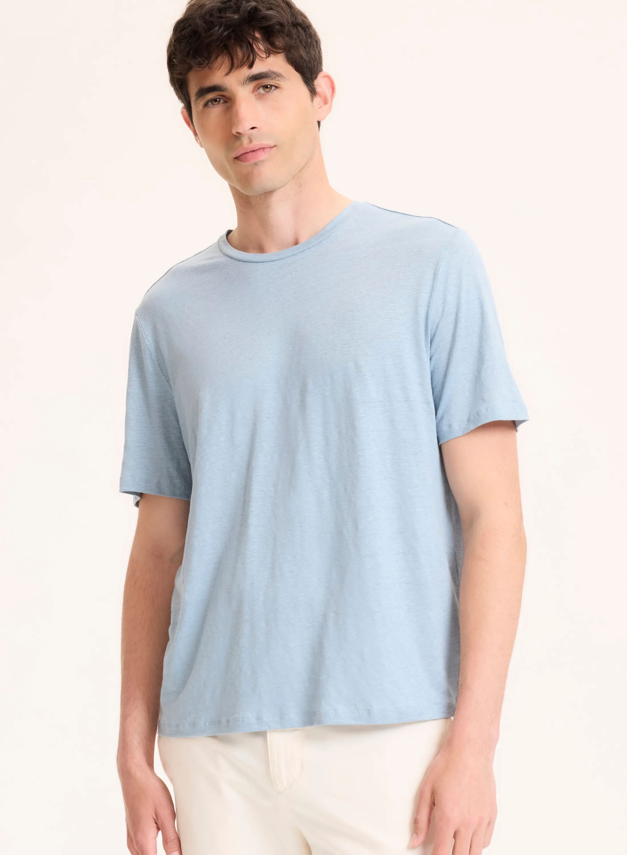 T-shirt Bleu Col Rond Manches Courtes en Lin / Elasthanne