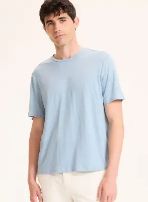 T-shirt Bleu Col Rond Manches Courtes en Lin / Elasthanne