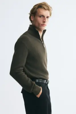 Pull Regular Fit avec col zippé - Vert foncé — photo 3