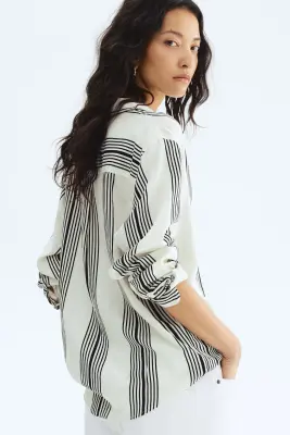 Chemise en lin mélangé - Blanc/rayures noires — photo 2