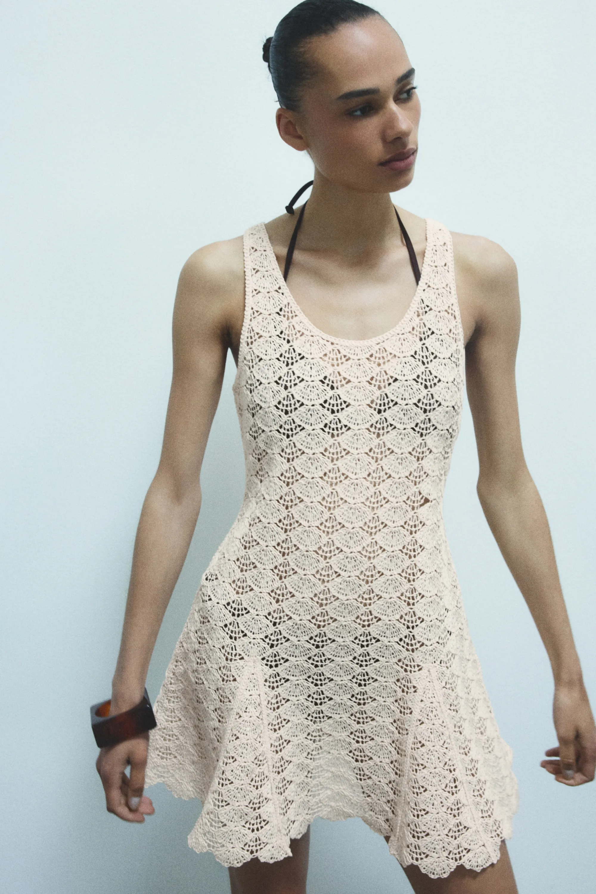 Robe à plis godets en maille façon crochet - Beige clair