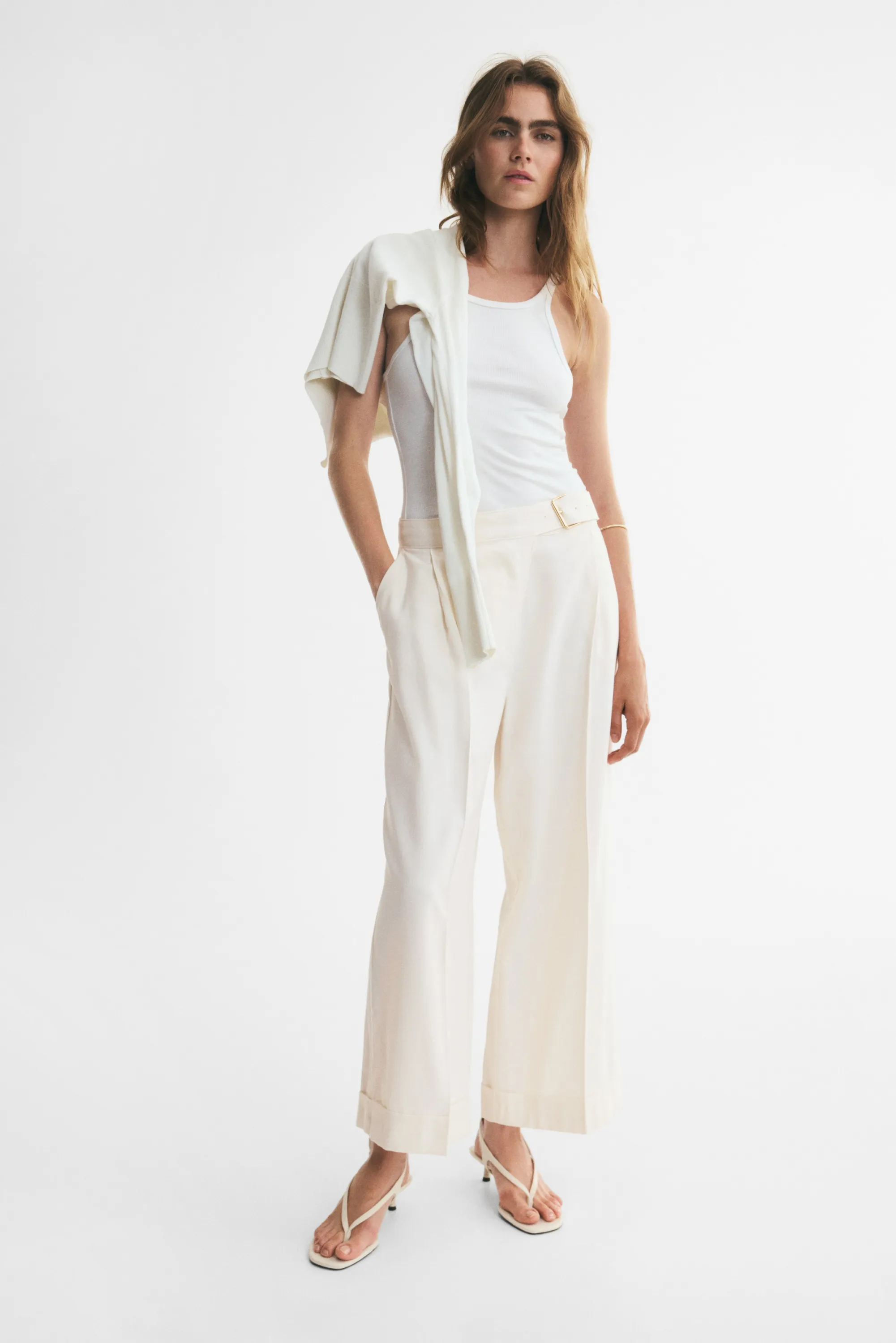Pantalon droit avec ceinture - Crème